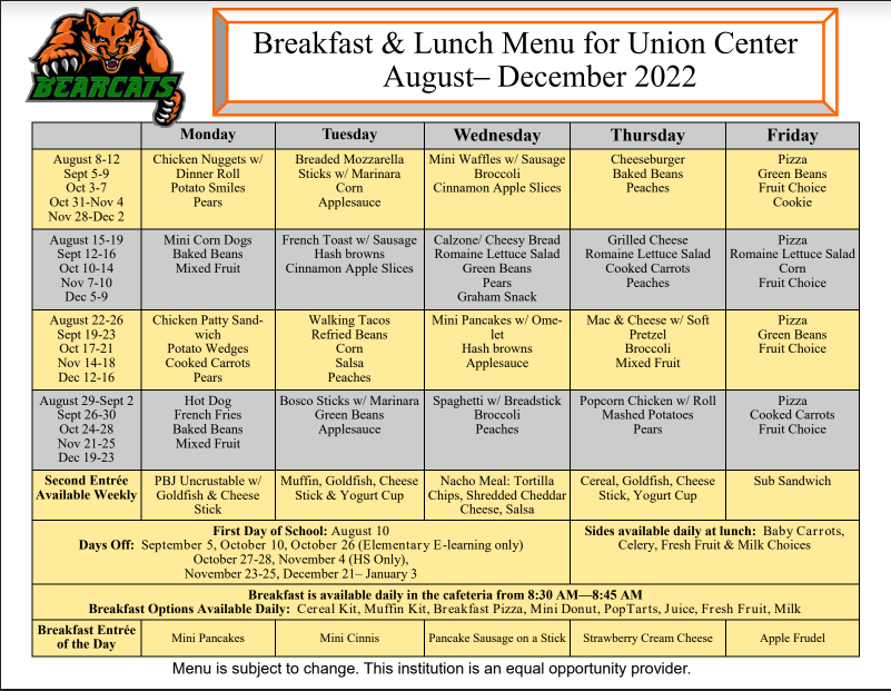 2022 Lunch Menu for UCE