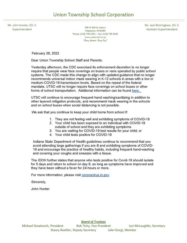 A letter from UTSC announcing that masks are no longer required on school buses and vans.